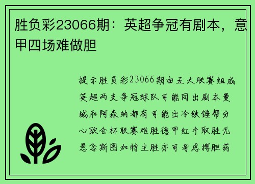 胜负彩23066期：英超争冠有剧本，意甲四场难做胆