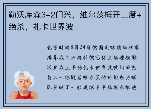 勒沃库森3-2门兴，维尔茨梅开二度+绝杀，扎卡世界波