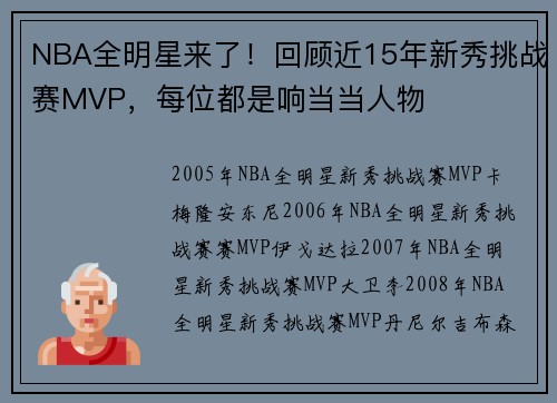 NBA全明星来了！回顾近15年新秀挑战赛MVP，每位都是响当当人物