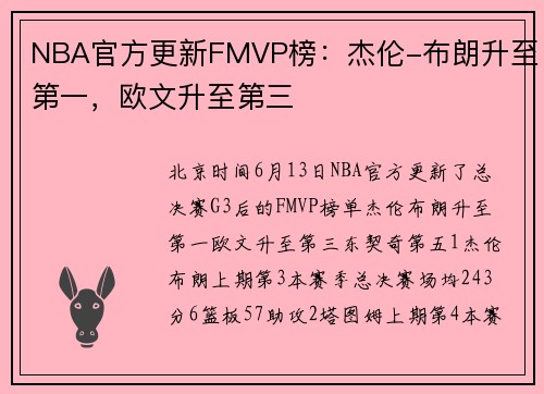 NBA官方更新FMVP榜：杰伦-布朗升至第一，欧文升至第三